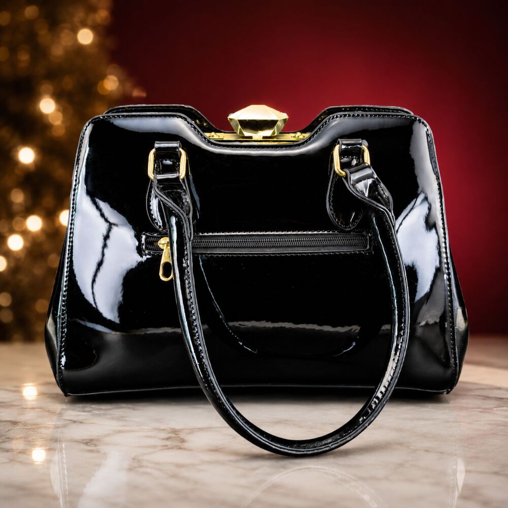 Vintage Black Patent Leather Handbag Rhinestone Clasp Gold Frame Purse